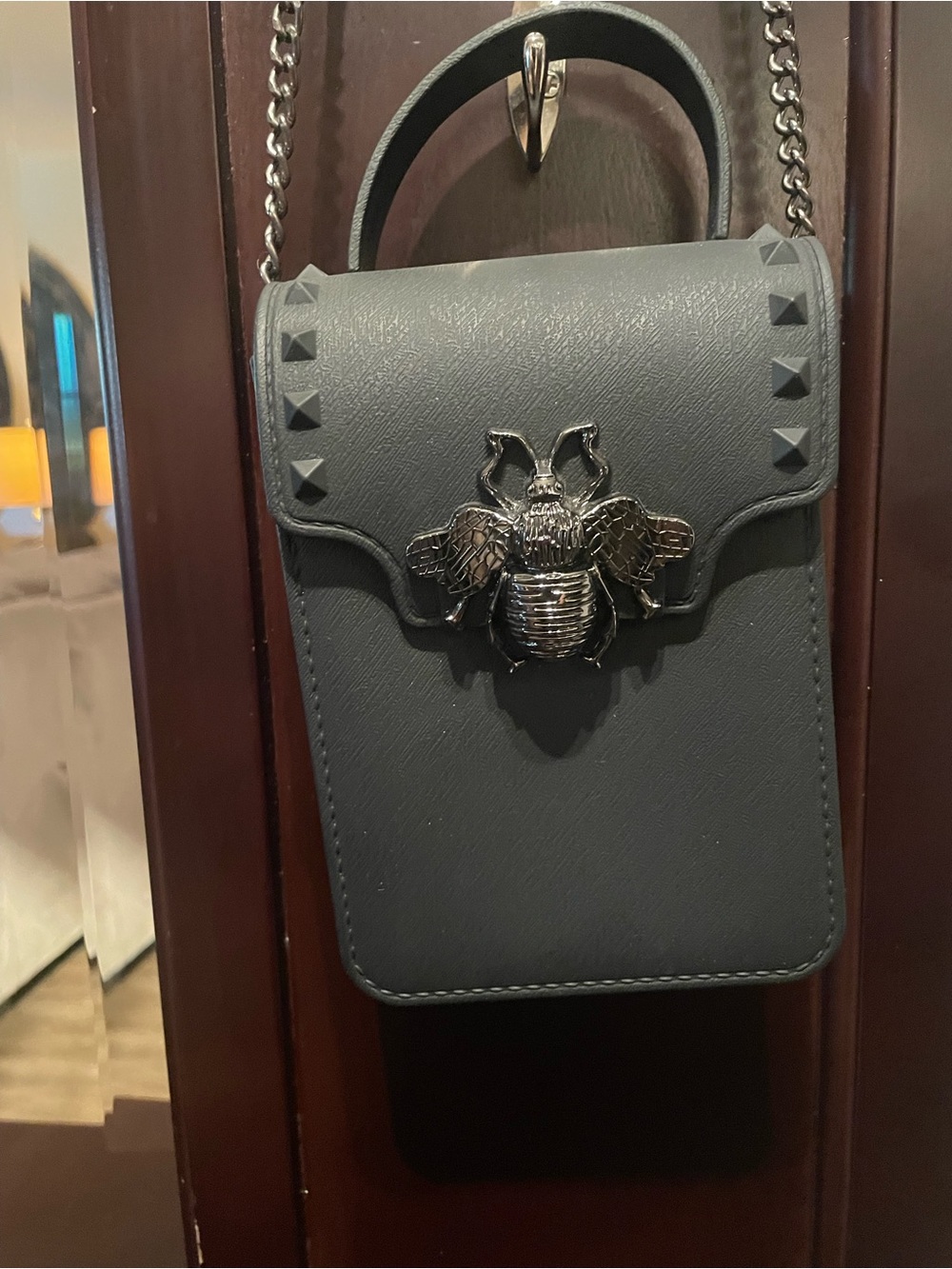 Gray Studded Crossbody Bag with Chain Strap